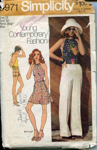 Vtg 1970s Halter Top Cuff Shorts Mini Skirt Flared Simplicity 9971 Pattern B34