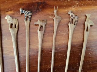 Vintage African Animal Wood Carved Bar Cocktail Picks Toothpick Wooden Set Of 10 3