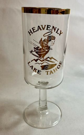 Vintage Mid Century Cocktail Glass Heavenly Ski Resort Lake Tahoe Gold Trim