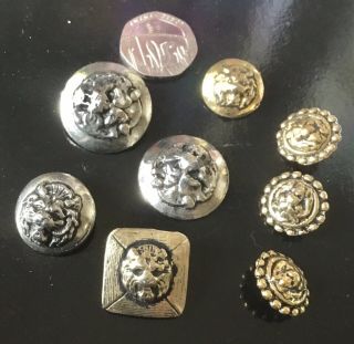 8 Vintage Buttons,  Heavy Brass,  Lion Head - Gold And Silver Coloured - One Square.