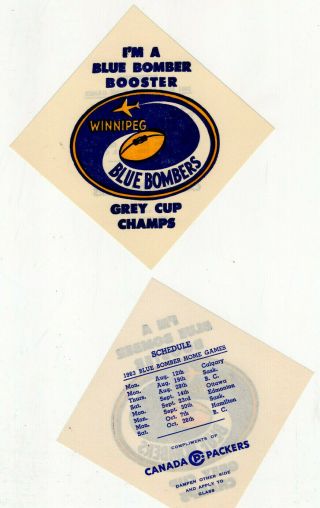 1963 Winnipeg Blue Bomber Grey Cup Champions Window Decal With Schedule