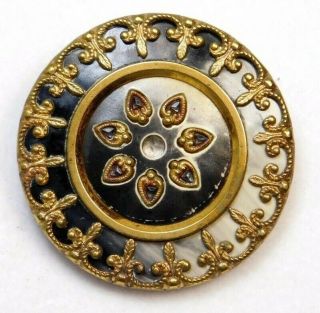 Antique Button Large Celluloid Jewel Cut Out In Brass W Fleur De Lis Border K3