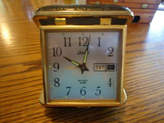 Vintage Linden Black Clam Shell Wind Up Day Date Travel Alarm Clock