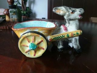 Vintage Ceramic Planter Donkey Pulling Cart 7 