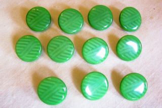 11 Vtge.   Green Glass Buttons With A Geometric Pattern In Glass 12 Mm.