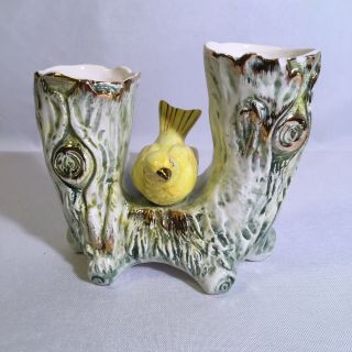 Yellow Bird On Tree Trunk Vase Planter Ucagco Ceramics Japan