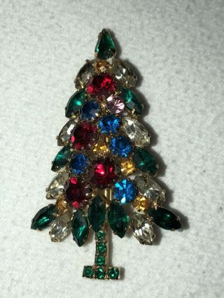 Colorful Prong Set Rhinestone Christmas Tree Pin 2 3/4 "