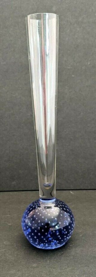 Vintage Elegant Art Glass Bud Vase Controlled Bubbles Blue Base Hand Blown 9 "