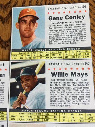 1961 POST CEREAL BASEBALL UNCUT 7 CARD PANEL - Willie Mays,  Billy Martin,  More 2