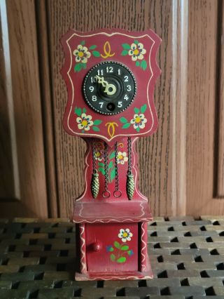 Vintage J Hauser Red Hand Painted Miniature Grandfather Clock W.  Germany