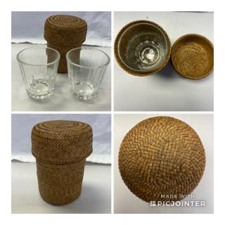 Vtg Sweet Grass Basket Natural Woven Round With Lid And Paneled Shot Glasses (m9