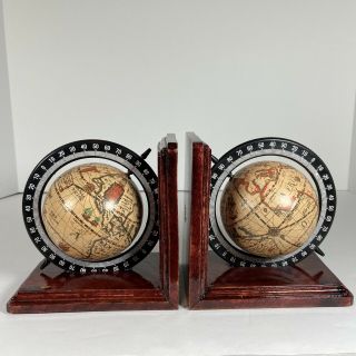 Old World Map Spinning Globe Bookends Pair (set Of 2) Lightweight Wood Base