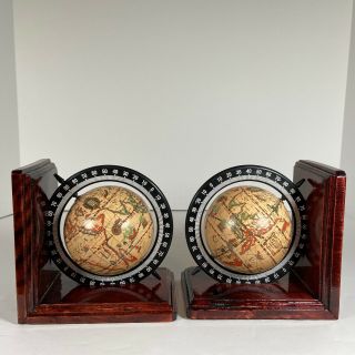 Old World Map Spinning Globe Bookends Pair (Set of 2) Lightweight Wood Base 3