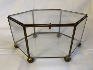 Vintage Glass & Brass Trinket Jewelry Box Chest Hexagon Display 9 " X 4.  5 " X 6 "