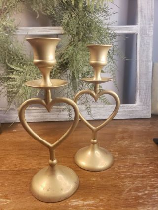 Vintage Brass Heart Shape Candlestick Holders With Candle Drip Pan 7” Set Of 2