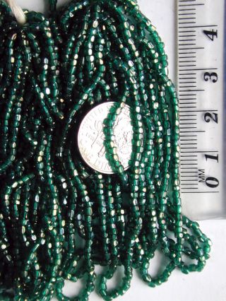 Antique Czech Glass Seed Beads Lustrous Green Gold Facets 3 Mini Hanks Rare Find