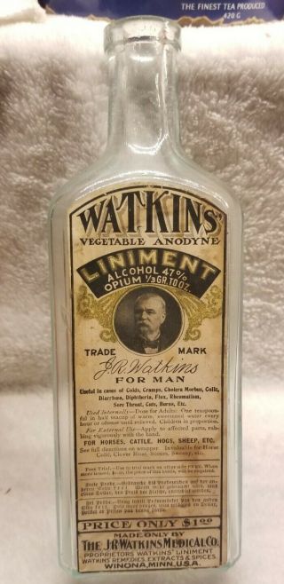 Watkins Opium Vegetable Anodyne Liniment Bottle W Label Man Beast