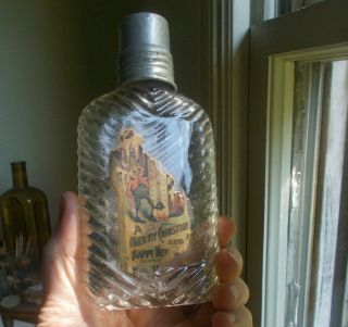 1890s Merry Christmas Happy Year 1/2 Pint Ribbed Whiskey Flask With Cap