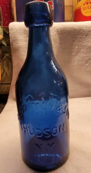 Rare R.  Thornton & Son Hudson Ny Cobalt Blue Squat Soda T & S 1867