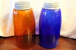 Two Vintage Repo Half Gallon Mason Jars Cobalt Blue & Amber Maltese Cross