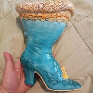Vintage Ceramic Victorian Ladies Boot Vase,  Blue,  Yellow Ornate Large Boot decor 3