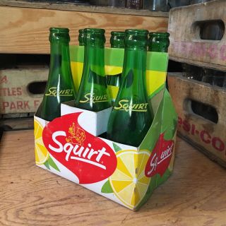 Vintage 1950’s Squirt Soda 7 Oz Bottles & 6 Pack Cardboard Bottle Carrier