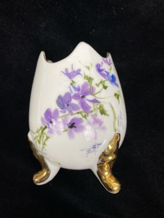 Vintage Hand Painted Gold Trim Floral Porcelain Cracked Egg Footed Vase - Signed