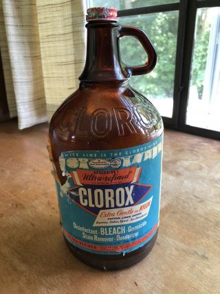 Vintage Clorox Bottle Embossed Brown Glass Half Gallon Jug 64oz With Label