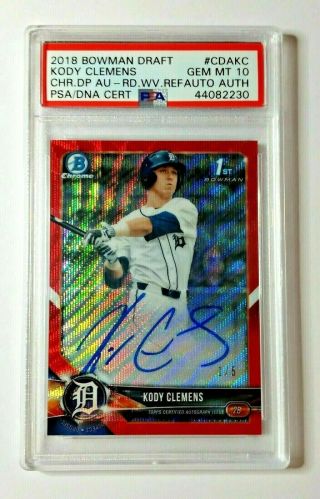 2018 Bowman Chrome Kody Clemens 1st Auto 1/5 Red Refractor Psa 10 Tigers