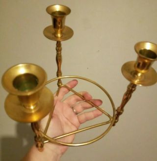 Vintage Mid Century Brass Candle Holder For 3 Candles,  Round Candleabra