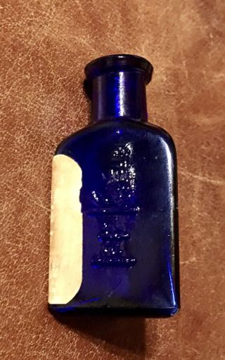Vtg Owl Drug Poison Bottle,  Cobalt Blue 3 Side Triangle Bottle With Label 2 - 5/8
