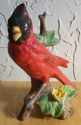Vintage Porcelain Cardinal Red Bird On Branch With Greenery Yellow Flower