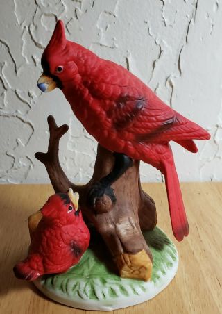 Vintage Porcelain Cardinal Red Bird Father With Adolescent On Branch Figurine