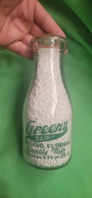 Pint Pyro Green’s Farm Dairy Deland Florida Fl Milk Bottle