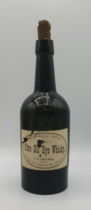 8 1/2 " Antique Brown Glass Rye Whisky Whiskey Bottle Label Phila 1800s Embossed