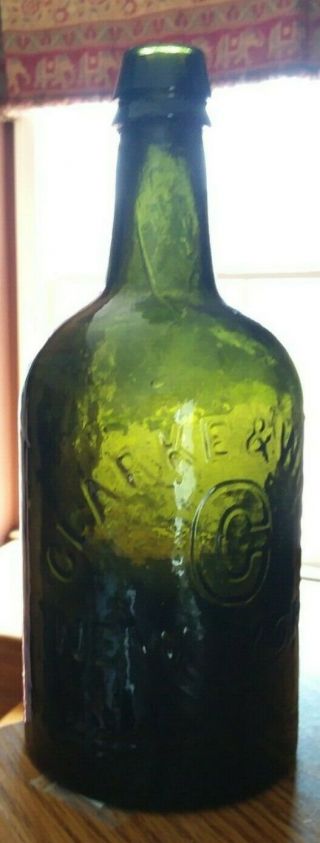 Antique Clark & White " C " York Dark Green Mineral Water Bottle Whittle