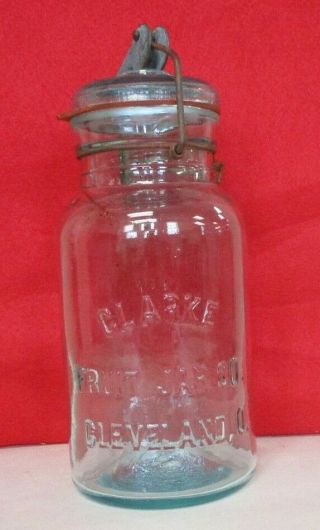 Rare Vintage Clarke Fruit Jar Co Cleveland Oh Blue Tint Jar W/glass Lid 8 - 1/4 "