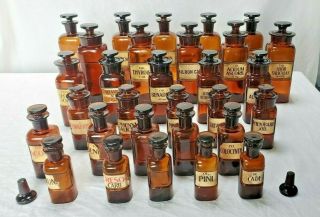 30 Antique Whitall Tatum Apothecary Bottles W.  T.  Co Amber Glass Pharmacy Labels