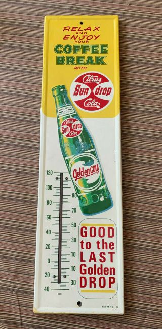 Vintage 1963 Golden Cola Citrus Sun Drop Soda Pop Thermometer Tin Sign