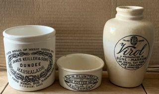 Vintage,  Virol,  Potted Meat Pot & James Keiller Dundee Marmalade Jar Pot