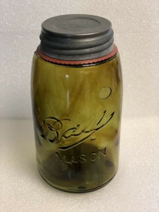 Olive Amber Ball Mason Jar W/ Dark Reddish Amber Swirls.  Fruit Jar Canning Jar