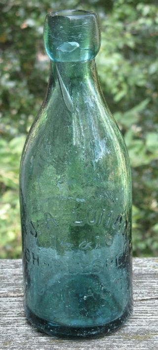 Antique Soda Bottle J A Lomax 14 & 16 Charles Chicago Blob Top Light Sapphire