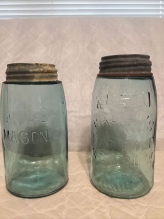 Two Hard To Find Red Key Quart Mason Jars W/ Lids One With 1858 Patent Date