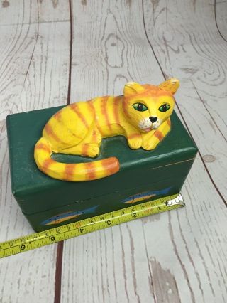 Vintage Wooden Carved Yellow Cat Trinket Box Hinged Green Fish Painted Wood
