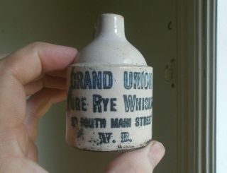 Wilkes Barre,  Pa Grand Union Pure Rye Whiskey Stoneware 3 " Mini Jug 1890s Pre Pro