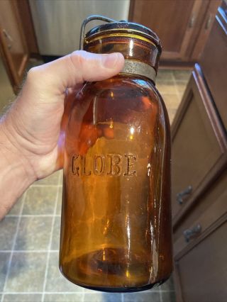 Patented 1886 Amber Quart GLOBE Fruit Mason Jar With Lid And Bail 65 2