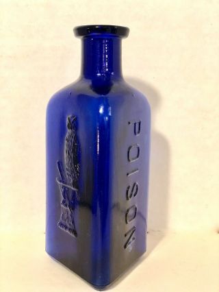 Antique Owl Drug Co.  Poison Bottle,  Cobalt Blue Glass 3 Sided Triangle Bottle