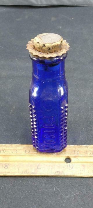 Antique Poison Cobalt Blue Bottle With Skull & Crossbones Cork Top Rare