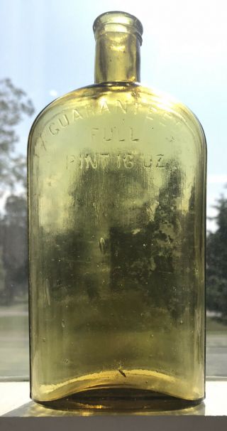 Guaranteed Full Pint 16 Oz Antique Flask Bottle 1890’s Yellow Olive Color