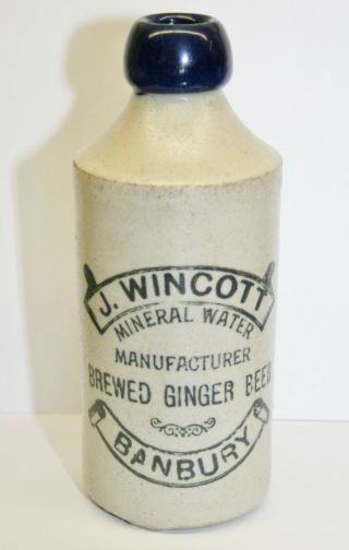 Vintage " J.  Wincott,  Banbury " Oxfordshire Blue Top Stoneware Ginger Beer Bottle